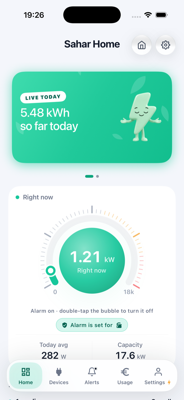 Visiwatt app home: 5.48 kWh so far today and 1.21 kW right now