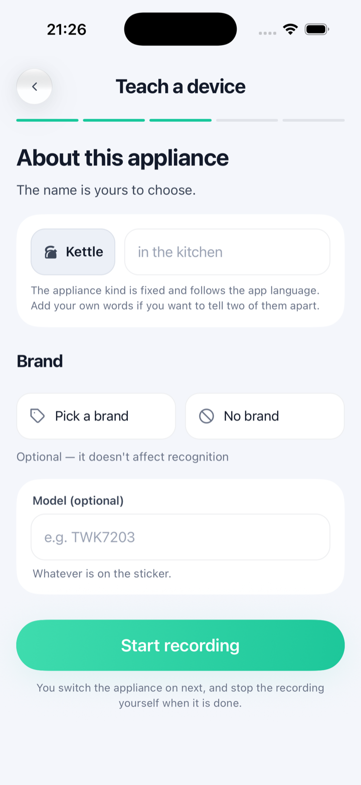 Teach a device screen: naming a kettle, brand and model optional
