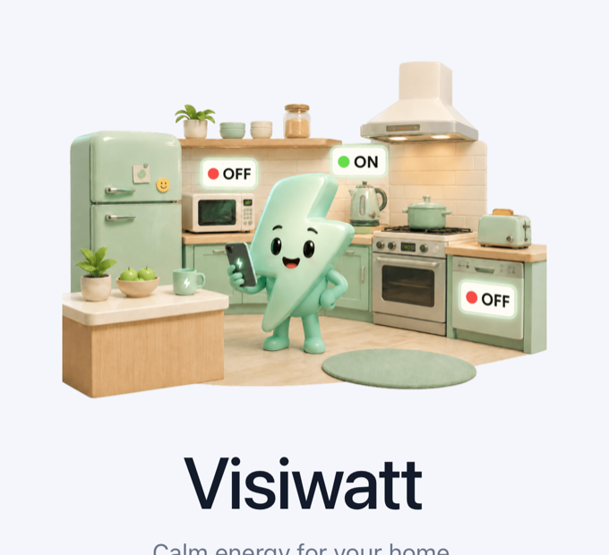 Visiwatt mascot in a kitchen showing what is on and off
